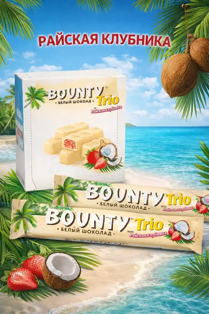 [18-4419] Шоколадный батончик «Bounty» trio райская клубника в белом шоколаде 78гр х 24шт