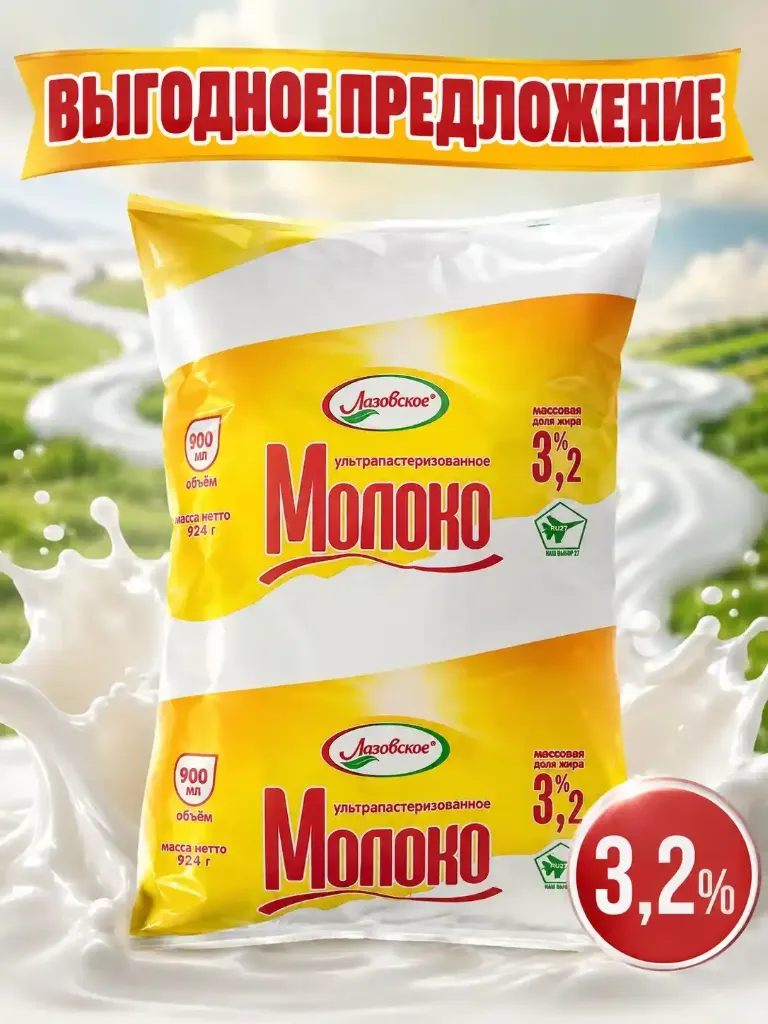 Молоко «Лазовское» 3,2% м/у 900мл