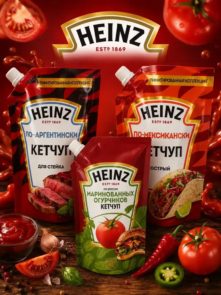 Кетчуп «Heinz» : «По-Аргентински» «По-Мексикански» «со вкусом маринованных огурчиков» М/у 320гр
