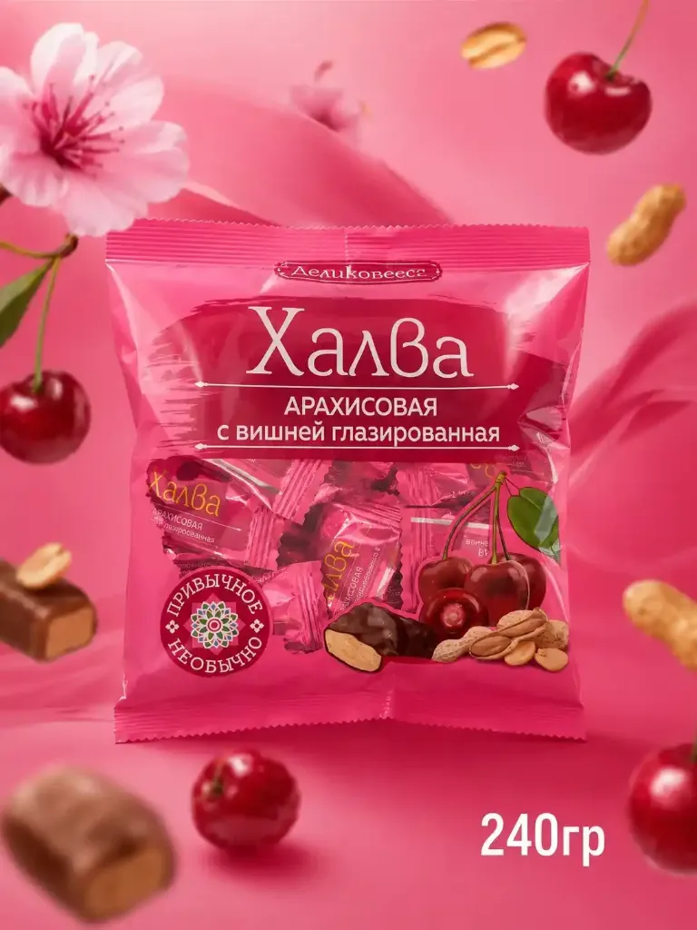Конфеты глазированные в индивидуальной упаковке Халва с вишней 240гр