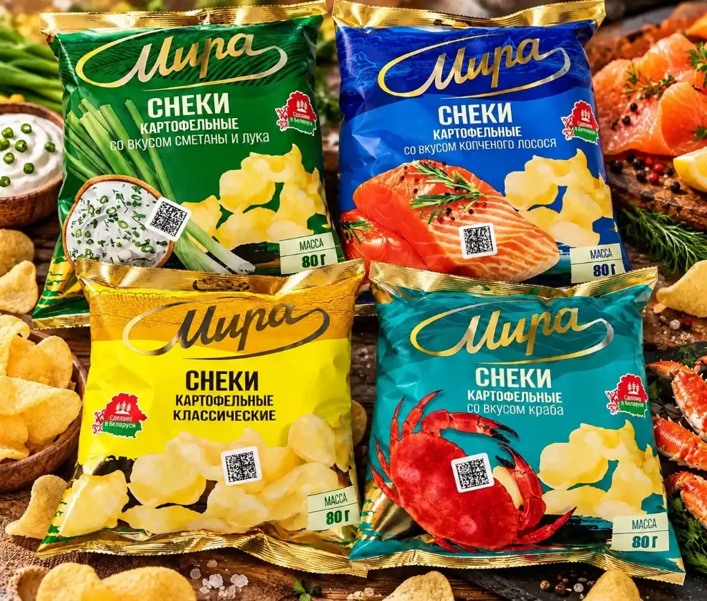 Снеки «Мира» в асс-те  80гр х 24шт Кортофельные со вкусом копчённого лосося